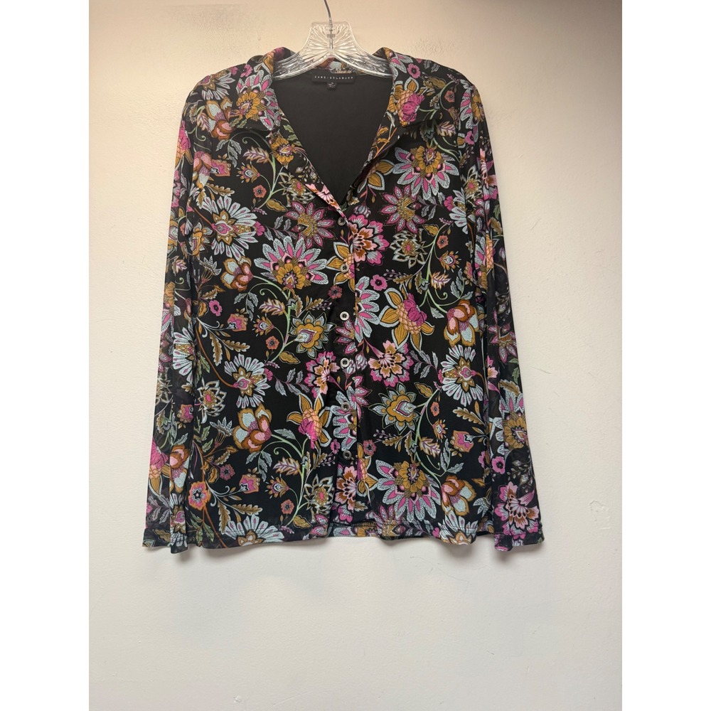 Jane + Delancey Button Down Top Womens Medium Black Floral Mesh Excellent Boho